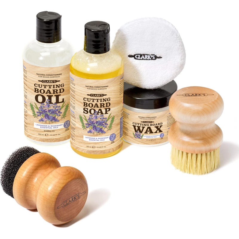 CLARK'S Cutting Board Care Kit - Includes Mineral Oil - Finishing Wax (6oz) - Applicator - Scrub Brush - Buffing Pad - Infused with Lavender and Rosemary Extract - Features Clark's Cutting Board Wax - Image 1